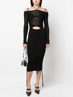 ANDREADAMO Black Ribbed Cut-Out Midi Dress Bodycon Size S NWT